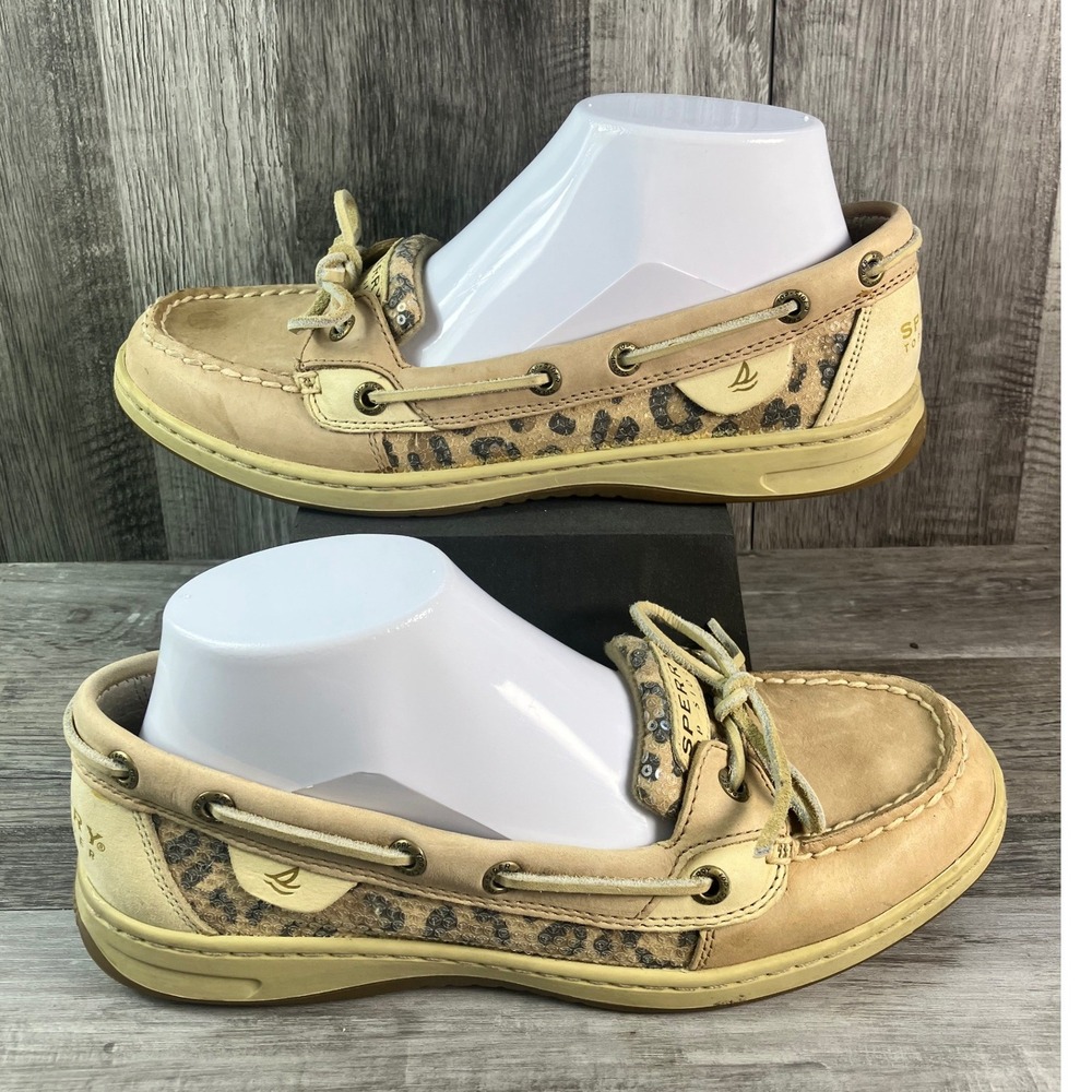 Sperry Top-Sider Women 8.5M Tan Leather Leopard Sequin Boat Shoes 9102341